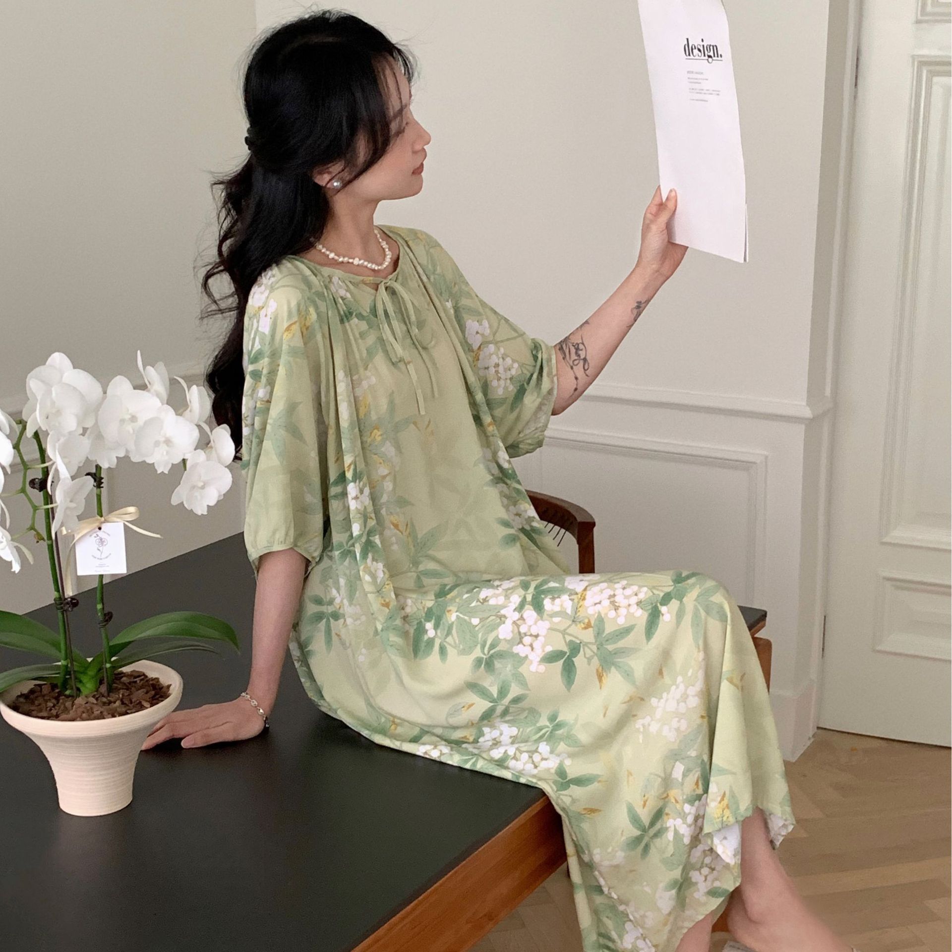 Camisón mujer verano falda larga de playa delgada pijama de seda de algodón primavera y otoño damas estilo de vacaciones ropa de hogar de seda de algodón de gran tamaño