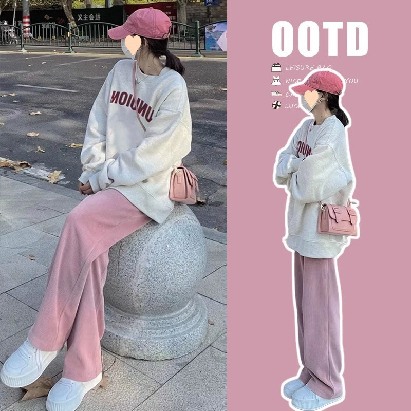 봄, 가을용 임산부복, 느슨하고 캐주얼한 임산부 스웨트셔츠 상의 + 배를 받쳐주는 와이드 레그 팬츠, 산전 검진 외출용 투피스 슈트