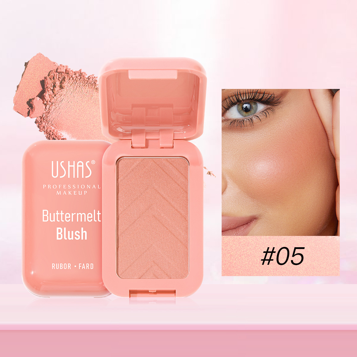 USHAS Europa y América spot transfronterizo rubor en polvo, ligero y delicado, efecto de maquillaje natural impermeable de larga duración UF067