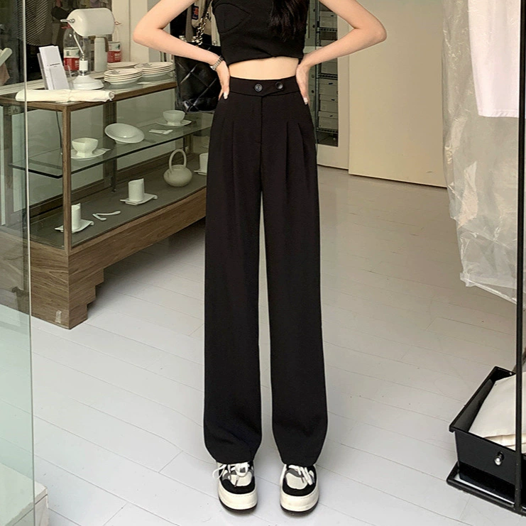 High-Waist Wide-Leg Trousers, Women's Korean Straight Fit, Loose Tailored Design, Black/Khaki/White