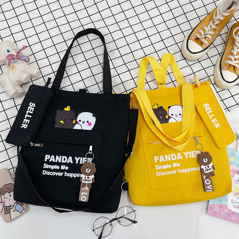 Factory Supply Canvas Shoulder Bag Cartoon Bear Two-piece Student Double Back Canvas Bag Crossbody Large Capacity Tote Bag Factory Supply Canvas Shoulder Bag Cartoon Bear Two-piece Student Double Back Canvas Bag Crossbody Large Capacity Tote Bag