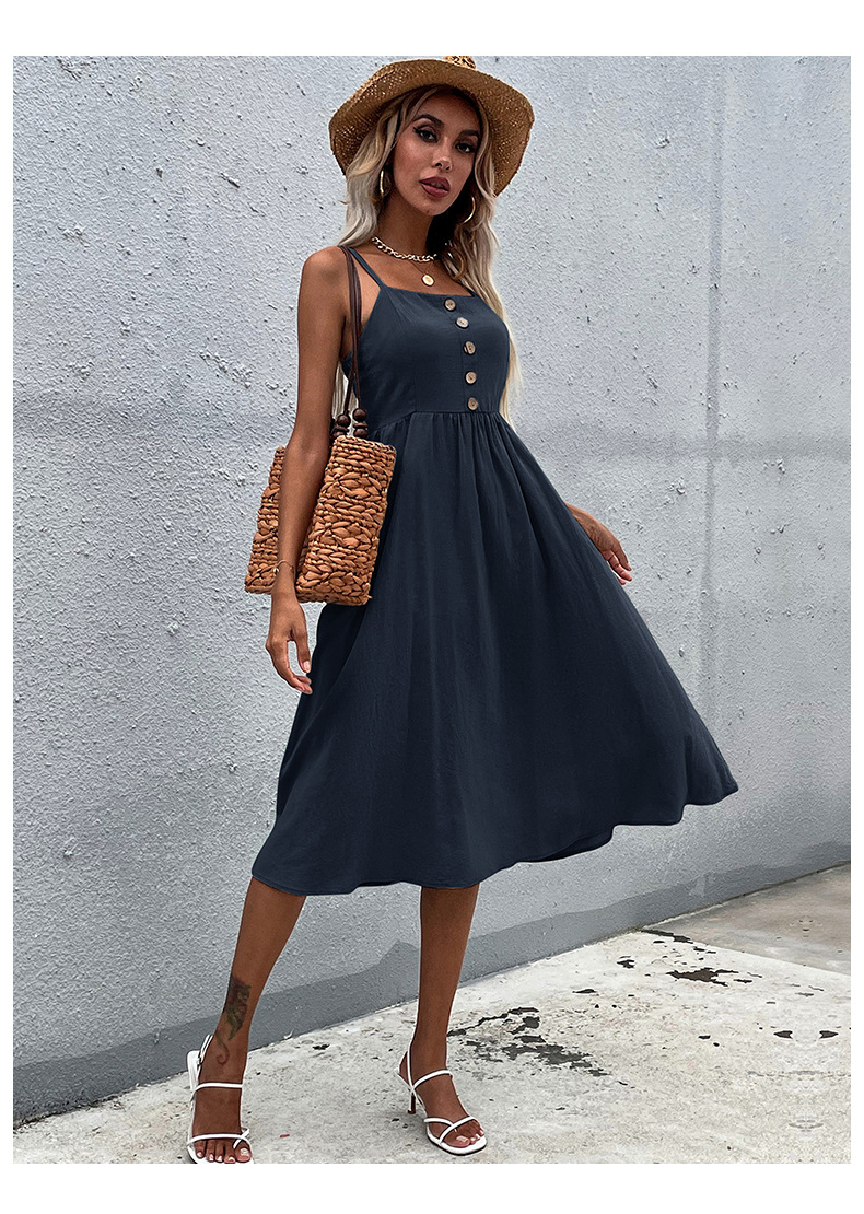 Solid Color Button Decorated Suspender Dress NSYYF104575