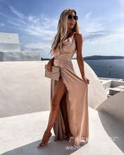 跨境歐美新款大擺吊帶純色連衣裙亞馬遜ins速賣通ebay