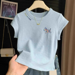 ブルーレインボーポニー Tシャツ女性のための 2025 夏の新しいスタイルのユニークで超見栄えの良い小柄な右肩半袖トップ