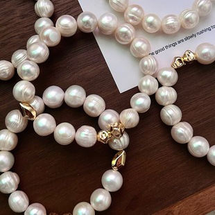 Classic Threaded Trendy Natural Pearl Freshwater Seedless Bracelet Elastic Rope Asymmetrical Copper Gold-Plated Bean Baroque