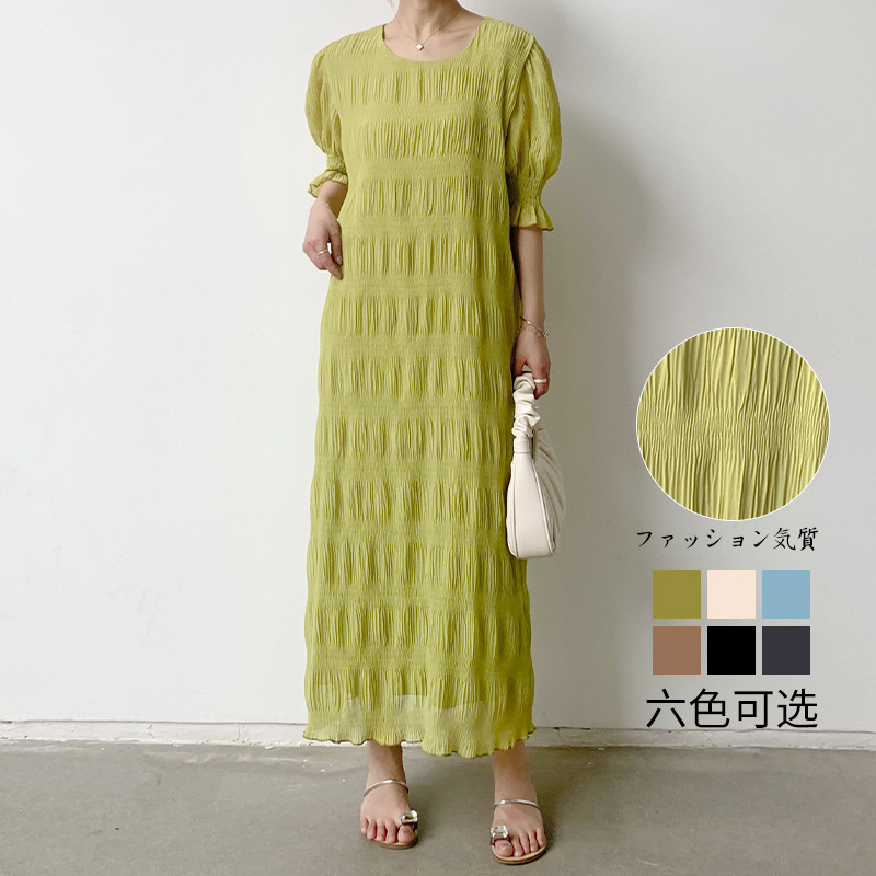 Lotte women's gentle and elegant pleated texture design loose casual lantern short sleeve chiffon dress Lotte women's gentle and elegant pleated texture design loose casual lantern short sleeve chiffon dress