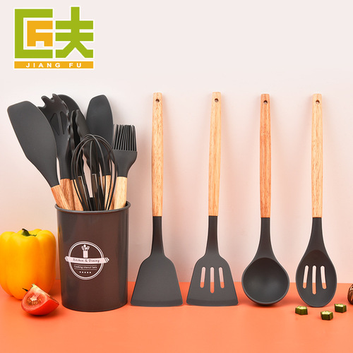Silicone Kitchen Utensil Set of 12 Pieces for Home Use, Wooden Handle Silicone Kitchen Utensils, Multi-Purpose Combination Cooking Spatulas and Knives