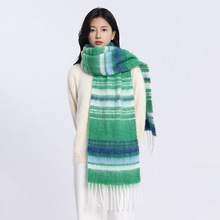 2024新款彩虹拼色马海毛围巾女秋冬保暖韩版流苏格子氛围感围脖男