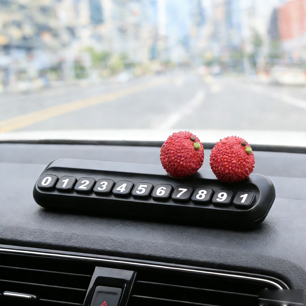 Tarjeta telefónica de movimiento de automóviles, tarjeta de estacionamiento temporal de frutas de litchi, adornos creativos de automóviles