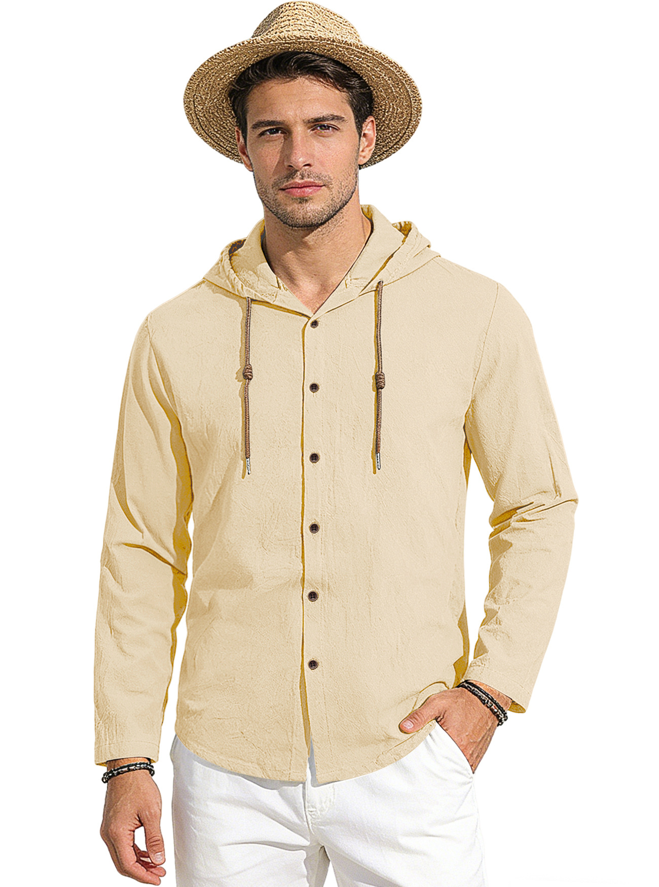 Transfronterizo Amazon nuevo estilo de primavera y verano hombre encapuchado camiseta suelta de algodón puro transpirable camisa casual de manga larga