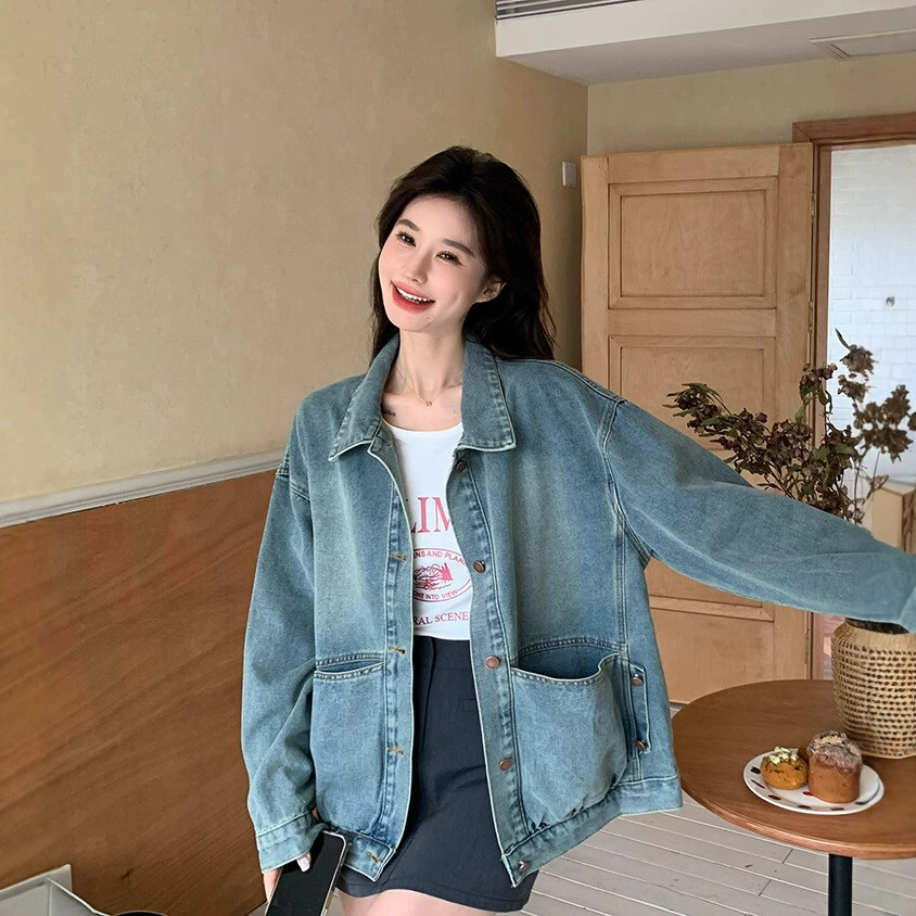 Синяя ретро джинсовая куртка для девочек 2024 весенняя новая корейская версия повседневная дикая куртка bf ветра топ