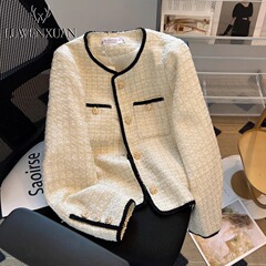 杏色小香风外套女秋冬季2025新款高级感学院风名媛粗花呢加棉上衣