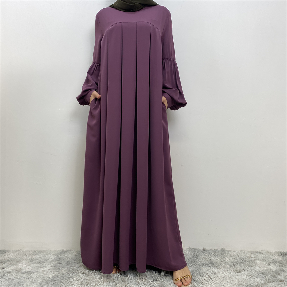 Loose Fitting Sleeved Maxi Dress Stylish Side Pockets Pleated Robe Style Design Women's Clothing_ecoleips.com