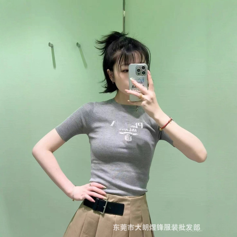 Shenzhen Nanyou Pd Pujia New Chest Logo Letter Logo Embroider Casual Round Neck Knitted Short-Sleeved T-Shirt for Women