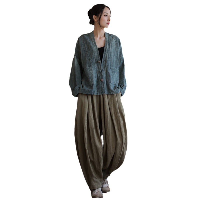 Top vintage lavado con arena teñido con ramio, chaqueta tipo cárdigan retro artística con botones de estilo Zen para mujer, primavera 25, algodón y lino.