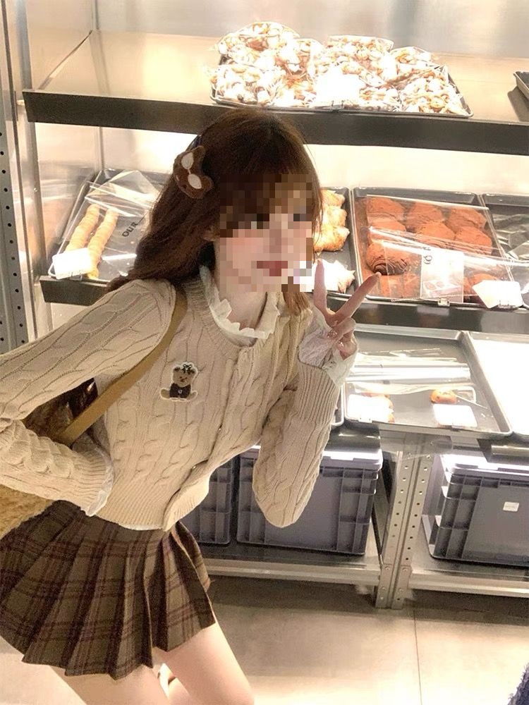 College Style Embroidered Bear Short Slim Knitted Cardigan for Women + Lace Bottoming Shirt + Plaid Skirt Three-Piece Set