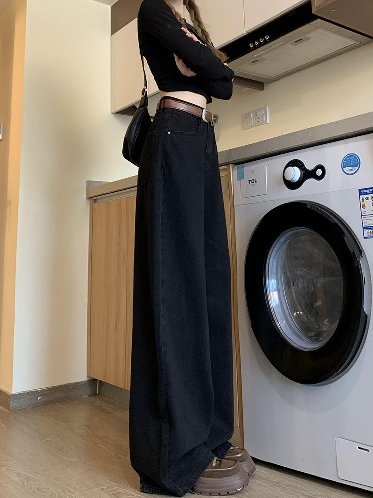 Women's High-Waisted Wide Leg Jeans Retro Black Slimming Straight Leg Trousers Loose Fit Floor-Length Spring Style_ecoleips.com