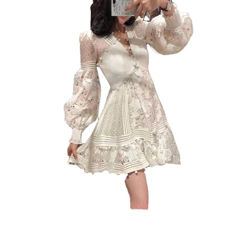 Otoño 2024 mujeres europeas y americanas de comercio exterior de ropa de mujer Amazon nueva manga larga con cuello en V vestido de encaje hueco vestido midi image 7