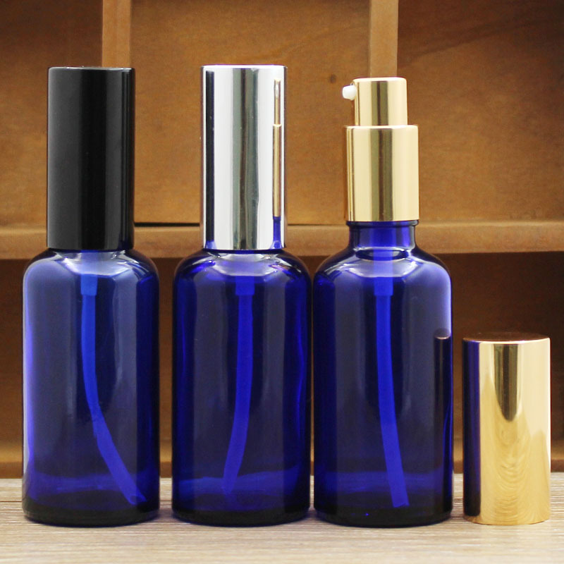 50ml蓝色玻璃精油瓶护肤包装调配瓶乳液按压鸡嘴分装稀释空瓶子