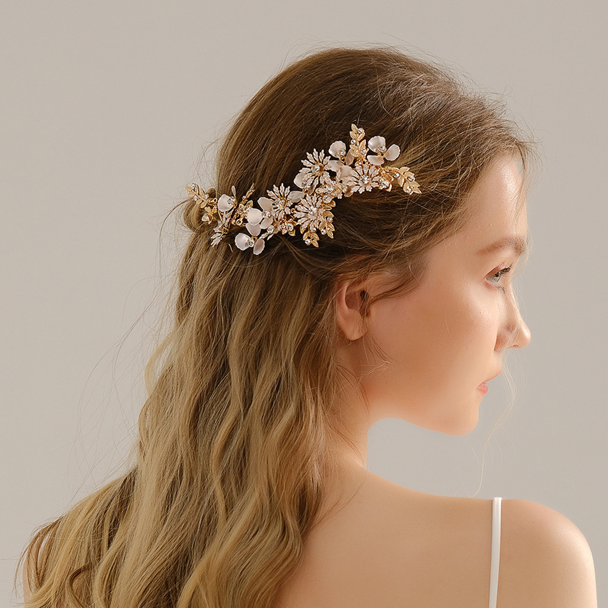 欧美森系手工水钻侧边夹复古金色花朵发夹新娘秀禾服盘发造型配饰