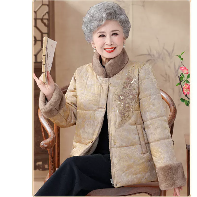 2025秋冬中老年妈妈装加绒加厚绣花棉服外套立领保暖棉衣开衫女装