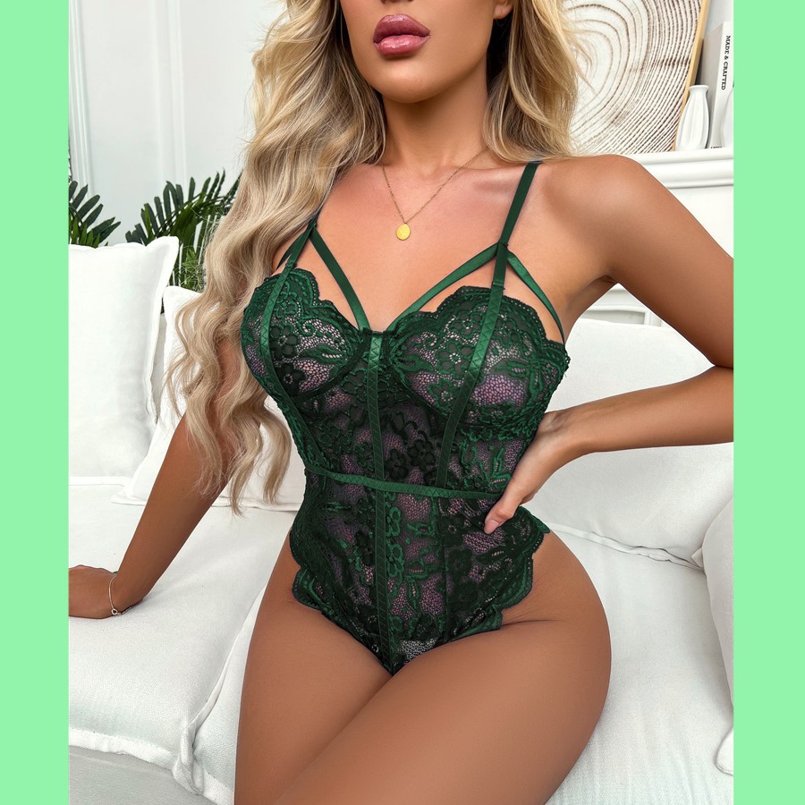 Foreign trade new deep V stitching lace transparent mesh jumpsuit sexy women backless pajamas temptation sling suit