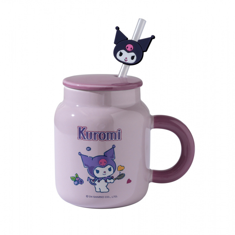Auténtica taza Sanrio hermosa caja de color con tapa de taza de paja con patrón de dibujos animados taza de cerámica de alto valor facial