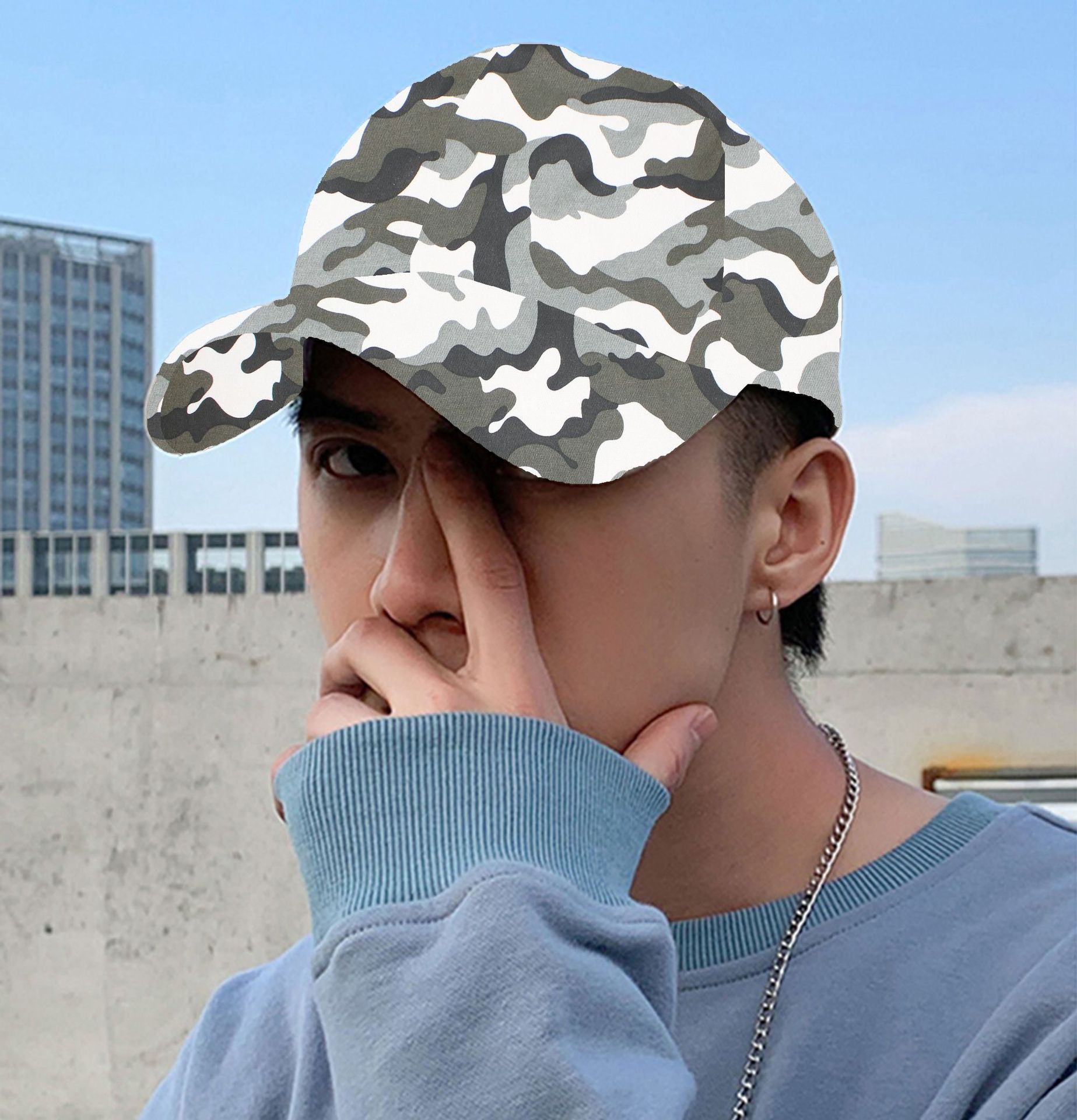 现货灰色迷彩印花面料 潮牌嘻哈  BF休闲服装面料 儿童演服面料