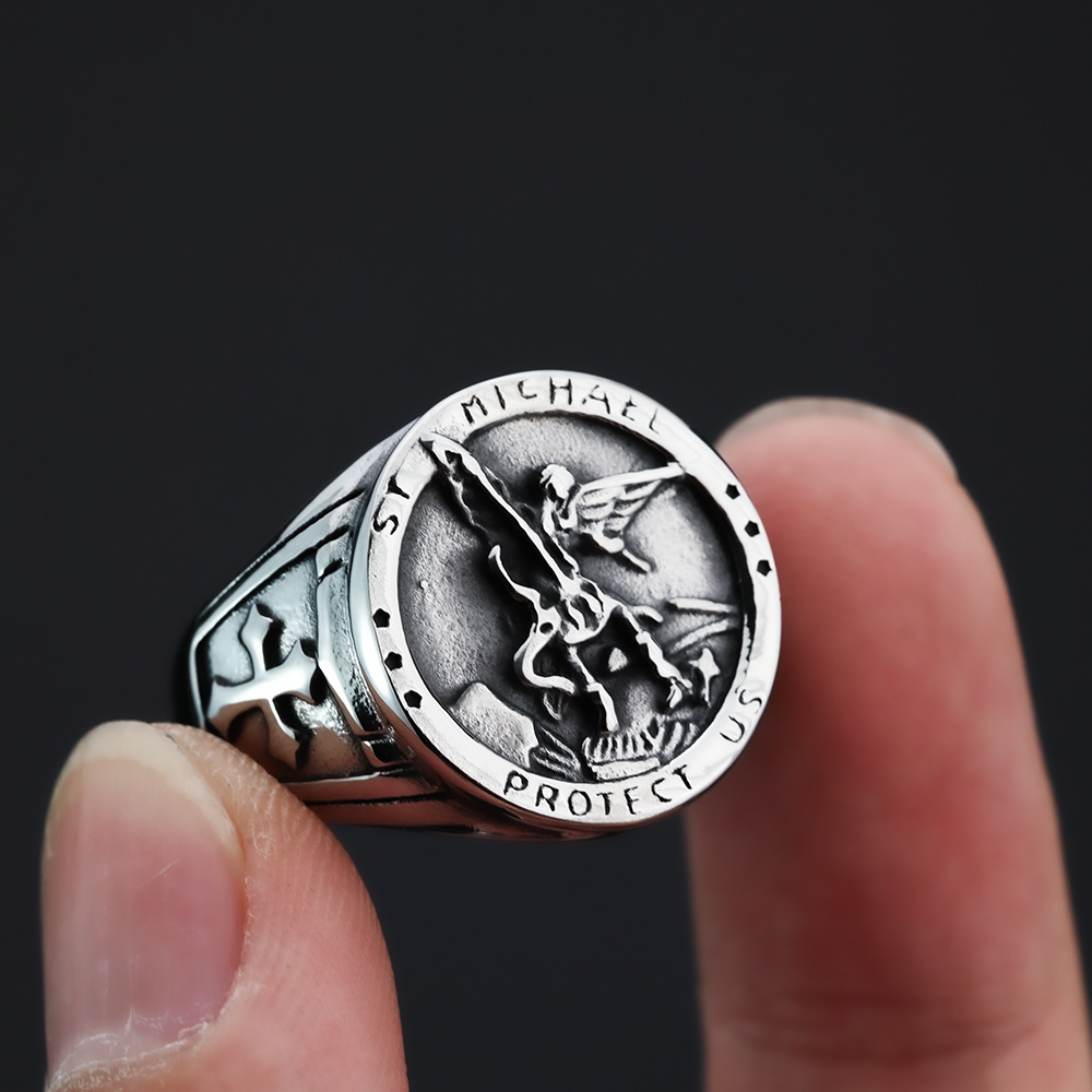 Vintage Archangel Ring For Men In Stainless Steel Titanium_voghion.com