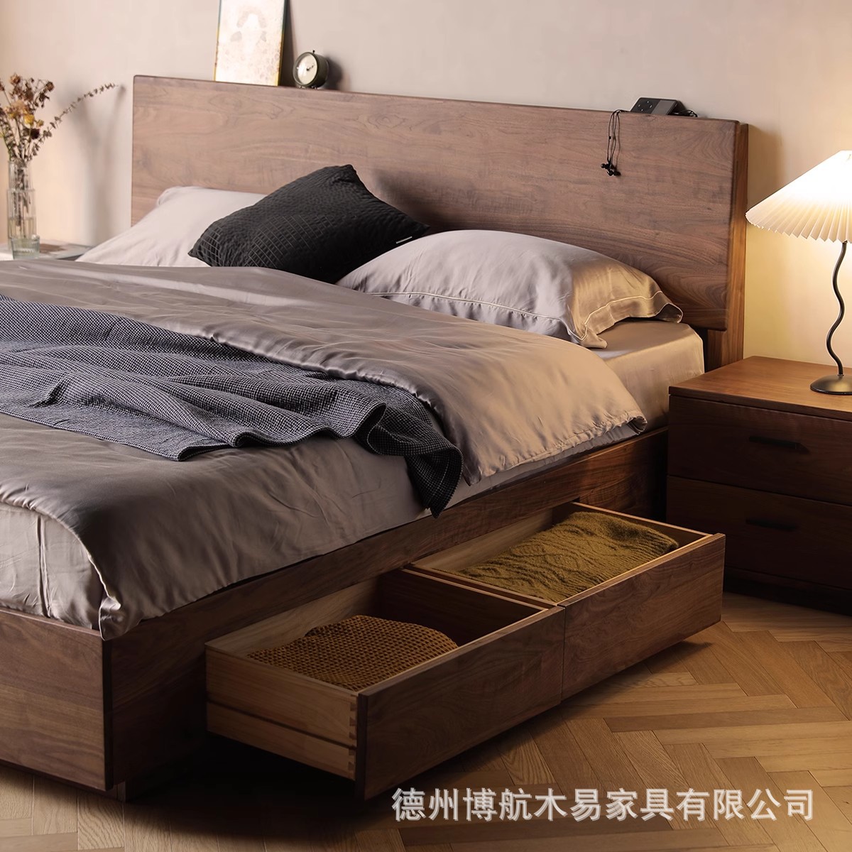 North American Black Walnut Double Bed Nordic Simple High Box Storage Drawer Bed Solid Wood High Box Bed All Solid Wood Bed