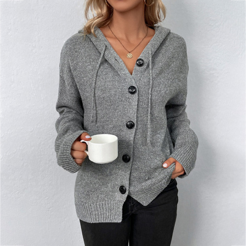 Women's Cap Sleeve Single Button Pure Color Cardigan Sweater with Hood, Knit Open Jacket for Autumn and Winter with Drawstring