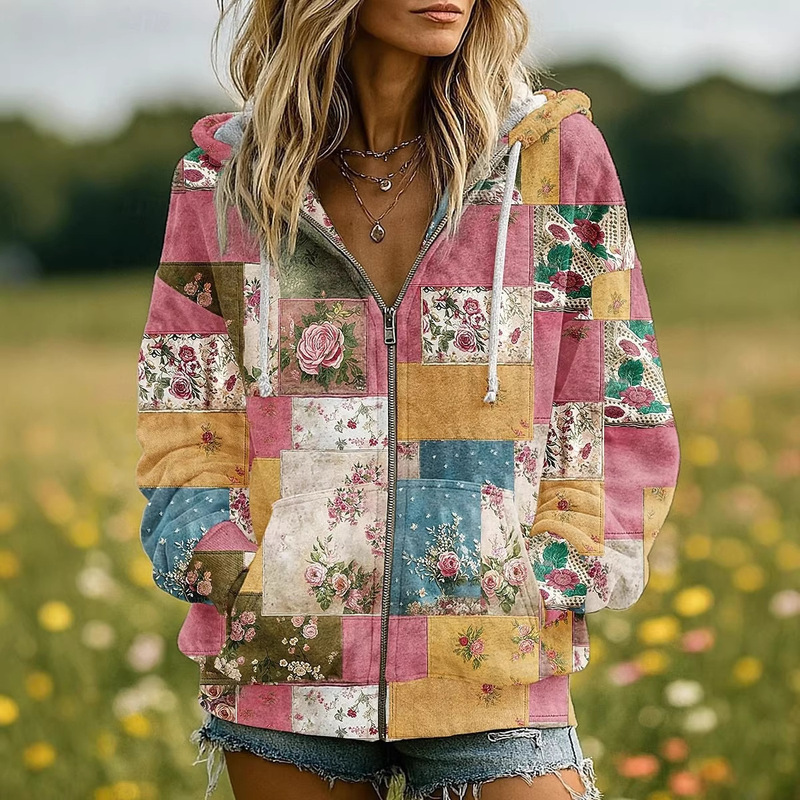 2025 Autumn and Winter New Plus Size Women's Hooded Jacket European and American Independent Station Zipper Pocket Printed Cardigan Sweatshirt