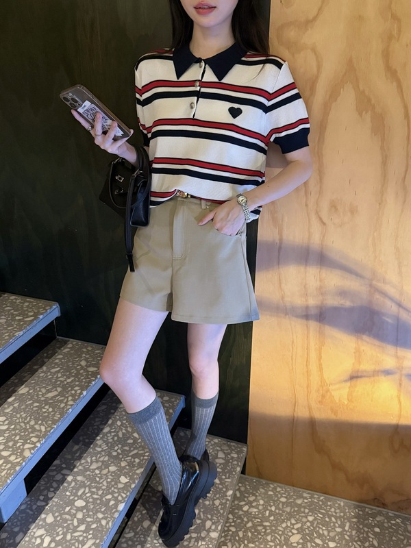 夏季新款条纹POLO领撞色针织衫短袖女韩系爱心设计上衣|undefined