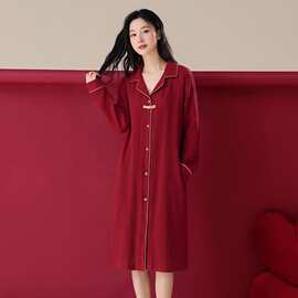 春秋新款纯棉纱布女士长袖开衫翻领睡裙大红结婚喜庆女家居服圆领