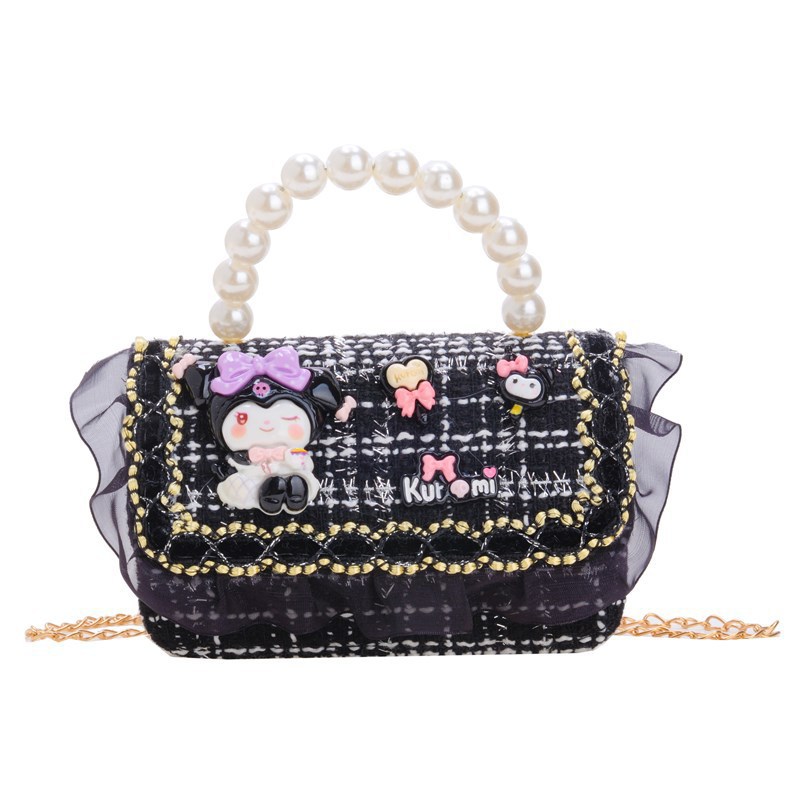 Nueva cadena bolso de mochila para niños negro y blanco tweed pequeño viento fragante bolso de hombro de niñas lindos bolsos de perlas