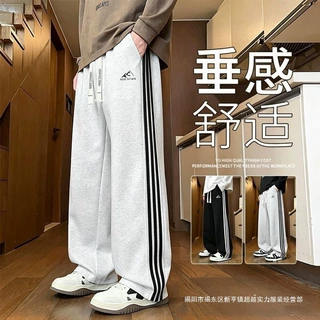 青少年休闲宽松阔腿长裤男款美式潮牌三条杠条纹个性时尚百搭卫裤
