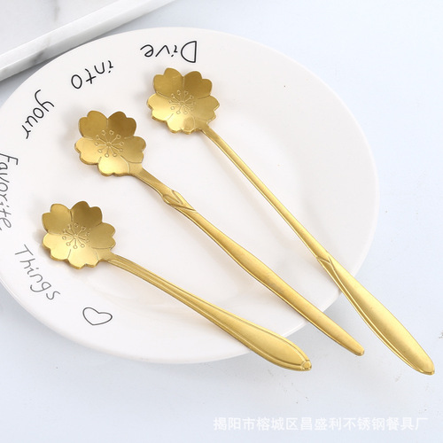 Stainless steel long-hand cherry blossom spoon golden rose spoon gift set, silver ear spoon, stirring square head spoon, leaf spoon