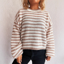 跨境亚马逊秋冬新款复古条纹针织上衣圆领长袖宽松套头衫毛衣女