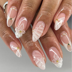 新款杏仁型穿戴甲24片白色飘带花朵水钻纯欲风甲片press on nails