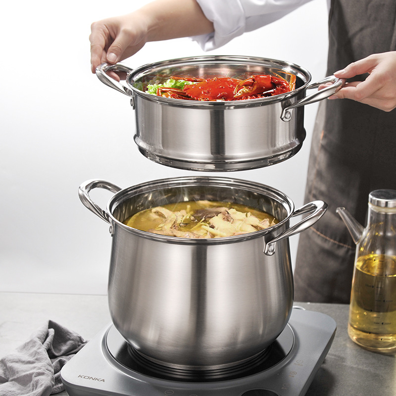 Olla de sopa de acero inoxidable curvo olla extra alta olla al vapor olla de sopa de doble fondo olla de gran capacidad olla de regalo universal