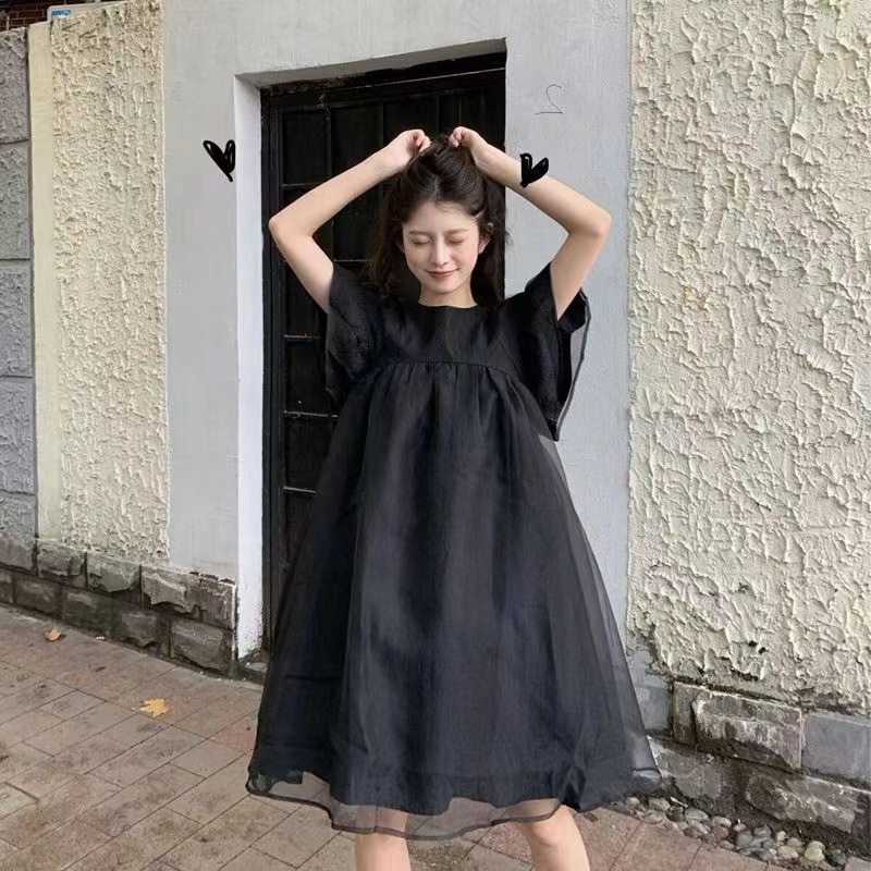 Small Flying Sleeve Baby Doll Dress Girl Summer New Age-Reducing Hepburn Style Mesh Princess Dress Fairy Dress Black