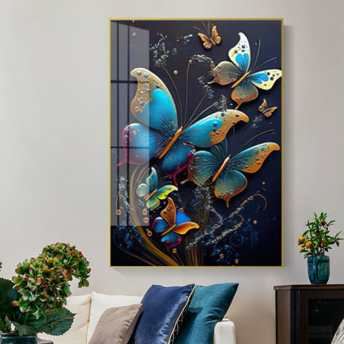 Gilt butterfly living room decorative painting sofa background wall hanging painting bedroom light luxury crystal porcelain mural diamond triptych hanging painting