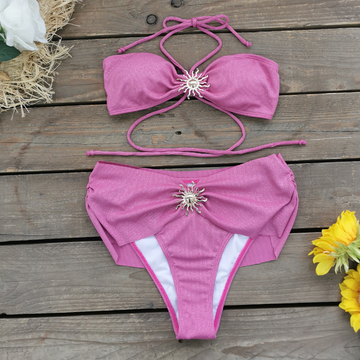 Polyester Fabric Type Women's Solid Color 2 Pieces Set Bikinis Swimwear