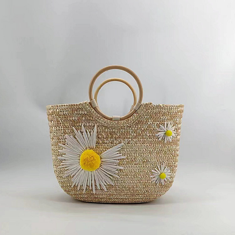 2184g Weight Polyester Cotton Lining Material Women's Straw Grass Flower Beach Embroidery Dumpling Shape String Handbag