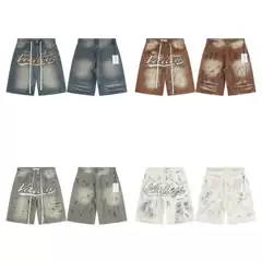 Vale Valley Forever Vintage Washed Distressed Denim Shorts with Embroidered & Rhinestone Letters - Streetwear