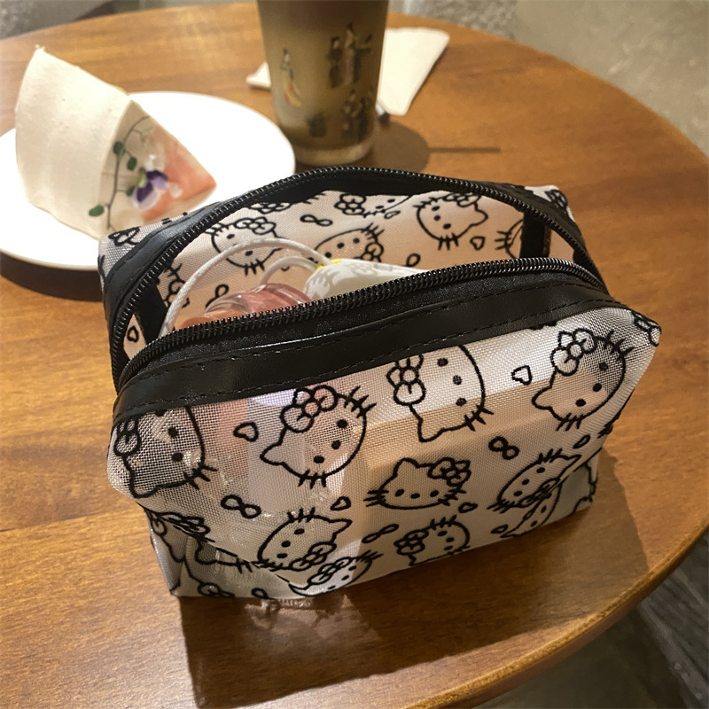 夏メッシュキティ猫化粧品袋インスタイルシンプルなポータブル外出収納袋女性のための小さな汚れにくい化粧品袋|undefined