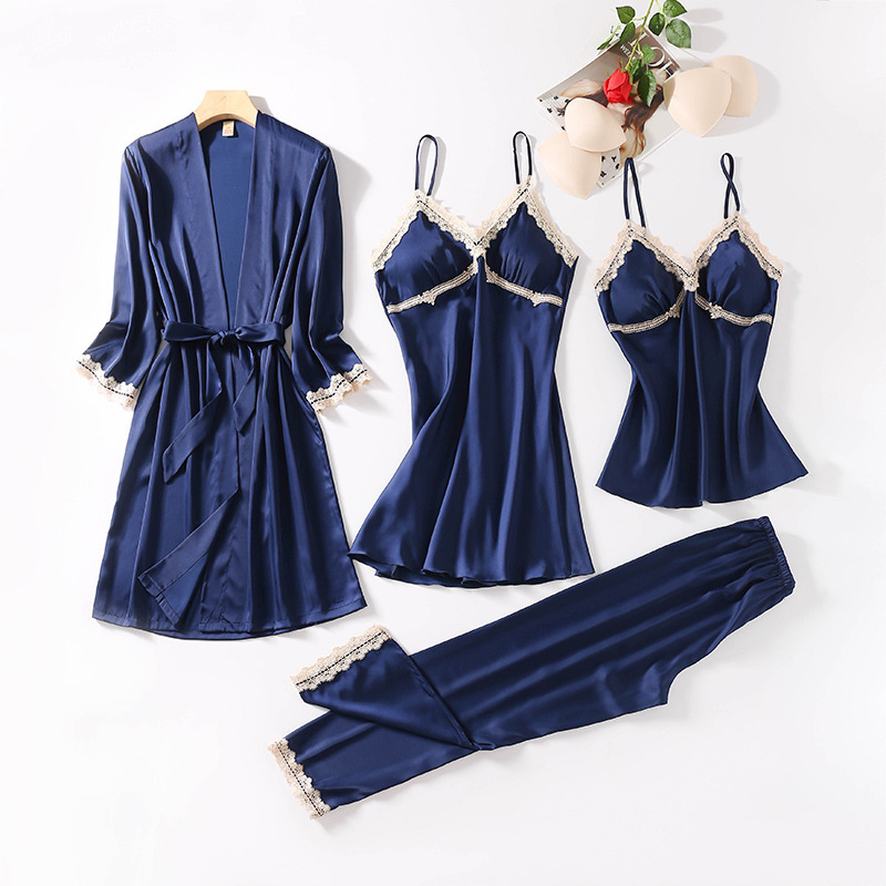 Pajamas Women's Spring, Autumn And Summer Sexy Silk Four-piece Set Thin Ice Silk Suspenders Nightdress With Chest Pad Ladies Home Wear