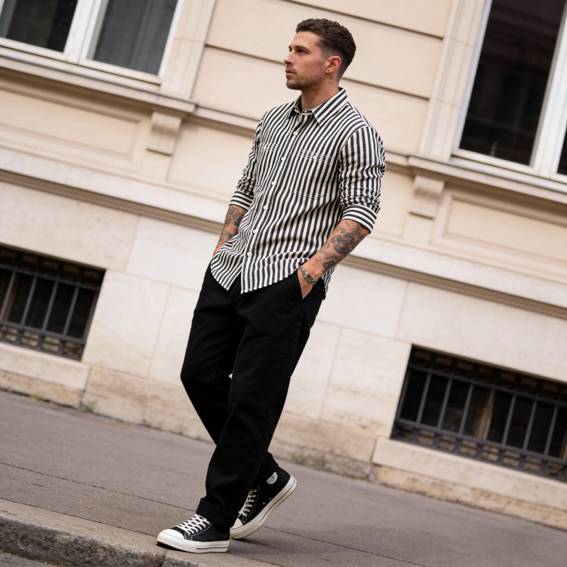 Nueva Okonkwo Camisa de rayas vertical americana retro hombres rayas ropa manga larga camisa ameikaji