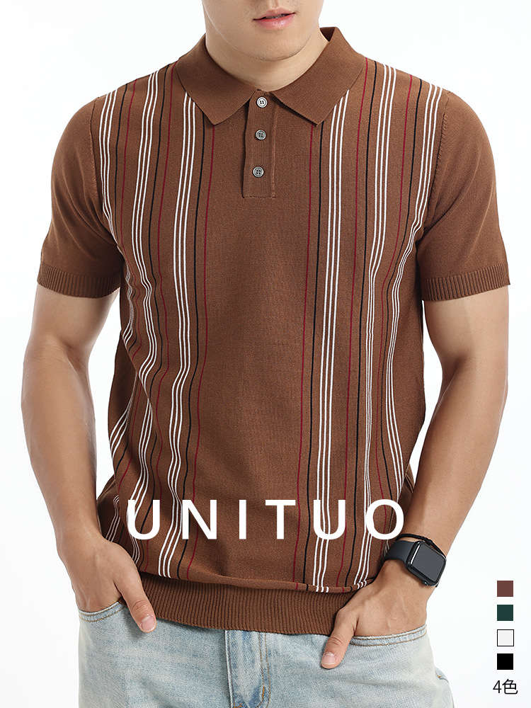 Europa y Estados Unidos trajes de hombre de hielo rayas con cuello polo camisa de hombre ligera de negocios casual de manga corta camisa de punto Paul hombre