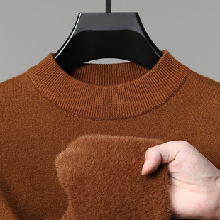Winter Thickeneded and Warm Men's Round Neck Knitwear Knitwear New Casual Loose Fleece-Lined Inner Layering Shirt Top
